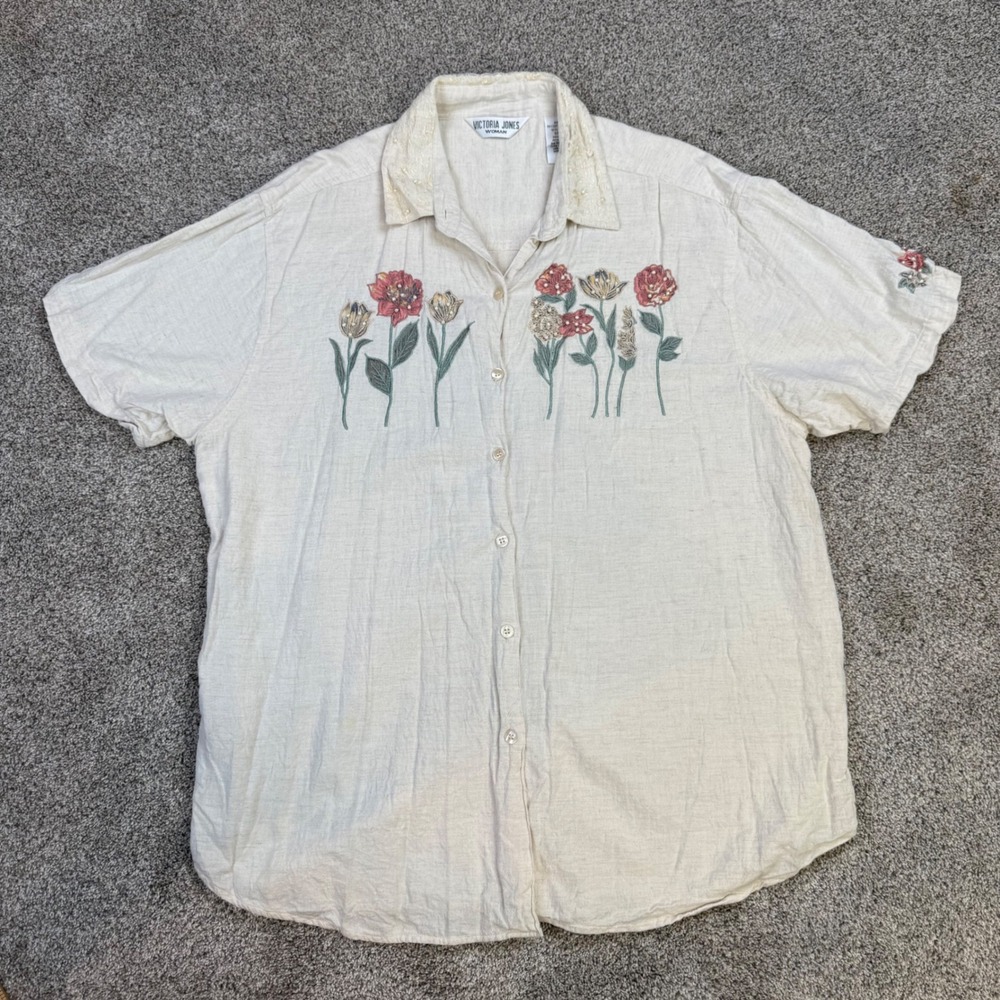 Victoria Jones Woman Linen Blend Floral Embroidered Lace Collar Shirt Ivory 20W